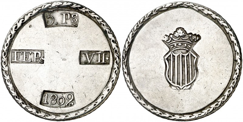 1809. Fernando VII. Tarragona. 5 pesetas. (AC. 1429). 26,68 g. Gráfila de hojas....