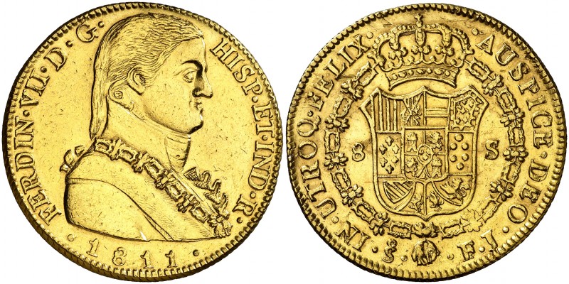 1811. Fernando VII. Santiago. FJ. 8 escudos. (AC. 1865) (Cal. Onza. 1348). 26,72...