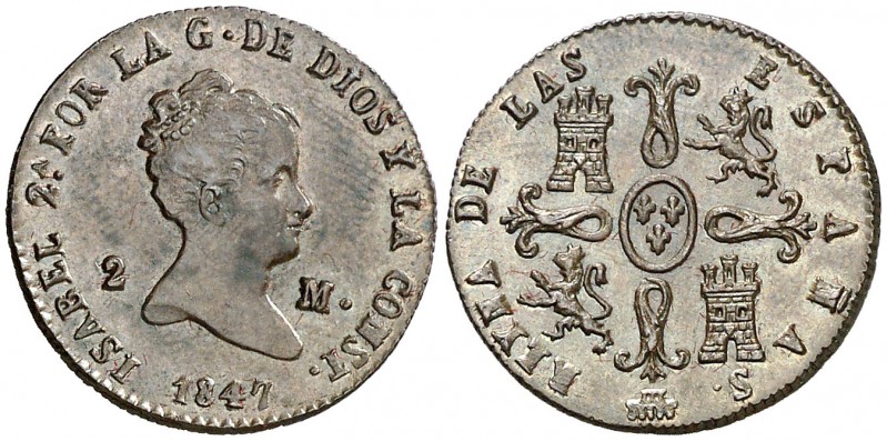 1847. Isabel II. Segovia. 2 maravedís. (AC. 59). 2,28 g. Ex Colección Manuela Et...