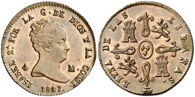 1847. Isabel II. Segovia. 4 maravedís. (AC. 90). 4,88 g. Bella. Parte de brillo ...