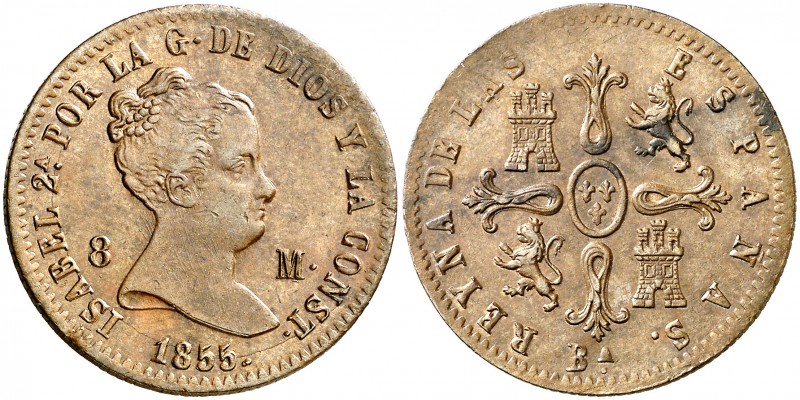 1855. Isabel II. Barcelona. 8 maravedís. (AC. 98). 10,32 g. Atractiva. Ex Áureo ...