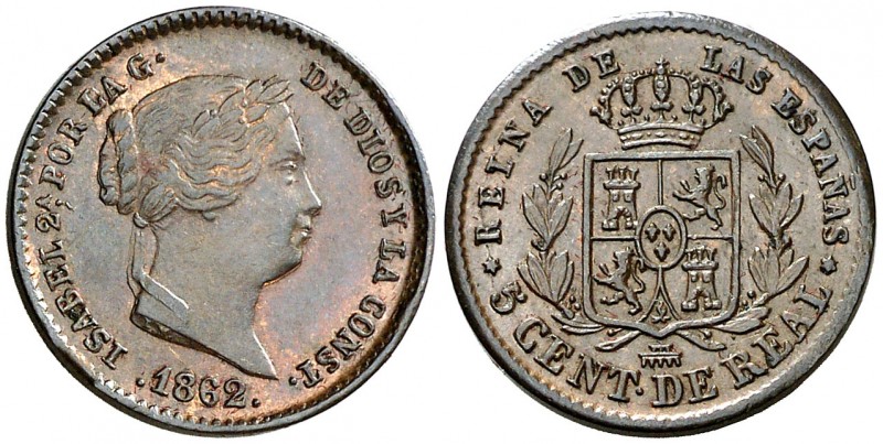 1862. Isabel II. Segovia. 5 céntimos de real. (AC. 167). 1,84 g. Bella. Ex Colec...