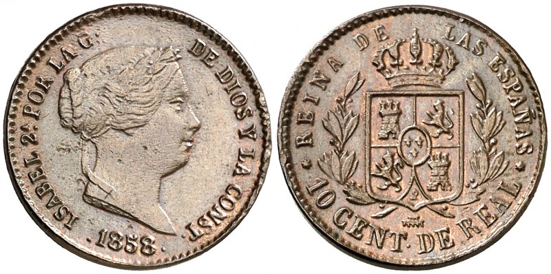 1858. Isabel II. Segovia. 10 céntimos de real. (AC. 174. 3,54 g. Golpecitos. Ex ...