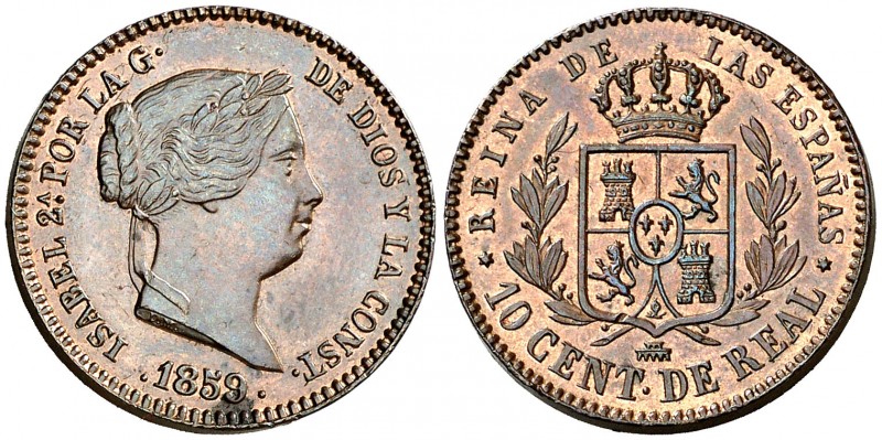 1859. Isabel II. Segovia. 10 céntimos de real. (AC. 175). 3,96 g. Bella. S/C-.