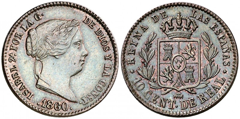 1860. Isabel II. Segovia. 10 céntimos de real. (AC. 176). 3,56 g. Bella. Ex Cole...