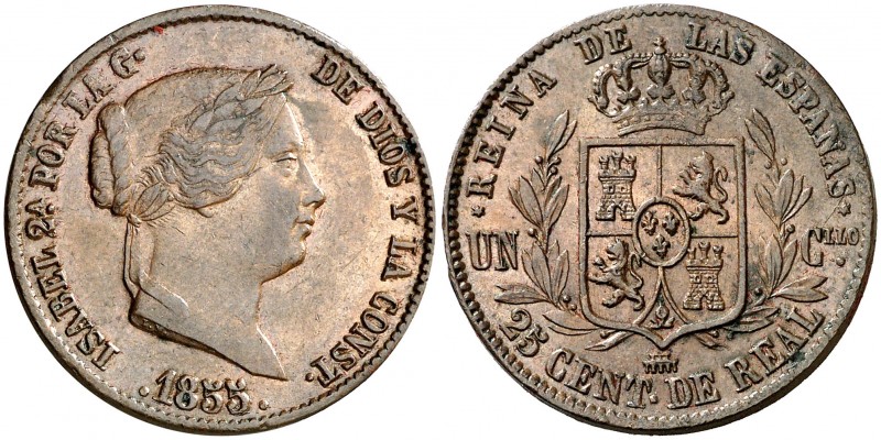 1855. Isabel II. Segovia. 25 céntimos de real. (AC. 188). 8,83 g. Leves golpecit...