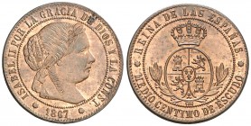 1867. Isabel II. Barcelona. OM. 1/2 céntimo de escudo. (AC. 200). 1,27 g. Ex Colección Manuela Etcheverría. EBC-/EBC.
