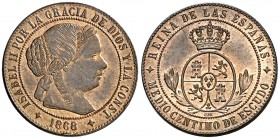 1868. Isabel II. Jubia. OM. 1/2 céntimo de escudo. (AC. 205). 1,33 g. Bella. Ex Colección Manuela Etcheverría. EBC/EBC+.