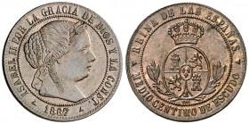 1867. Isabel II. Segovia. OM. 1/2 céntimo de escudo. (AC. 209). 1,21 g. Ex Colección Manuela Etcheverría. EBC/EBC+.