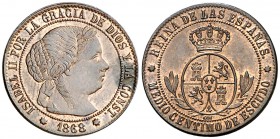 1868. Isabel II. Sevilla. OM. 1/2 céntimo de escudo. (AC. 212). 1,25 g. Manchita. Ex Colección Manuela Etcheverría. EBC/EBC+.