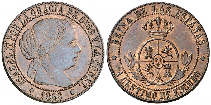 1866. Isabel II. Barcelona. 1 céntimo de escudo. (AC. 213). 2,48 g. Sin OM en re...