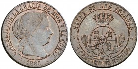 1866. Isabel II. Segovia. OM. 1 céntimo de escudo. (AC. 224). 2,67 g. Bella. Ex Colección Manuela Etcheverría. EBC.