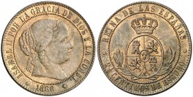 1866. Isabel II. Barcelona. 2 1/2 céntimos de escudo. (AC. 230). 6,37 g. Sin OM en reverso. EBC-.