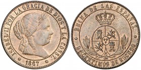 1867. Isabel II. Barcelona. OM. 2 1/2 céntimos de escudo. (AC. 232). 6,26 g. Ex Colección Manuela Etcheverría. EBC-/EBC.