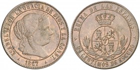 1867. Isabel II. Segovia. OM. 2 1/2 céntimos de escudo. (AC. 240). 6,21 g. Ex Colección Manuela Etcheverría. EBC-.