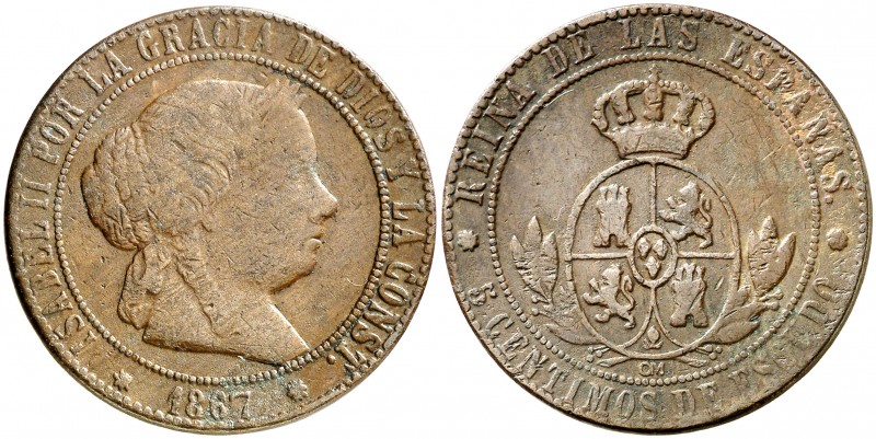 1867. Isabel II. Barcelona. OM. 5 céntimos de escudo. (Barrera 685 sim). 11,86 g...
