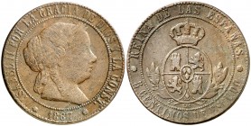 1867. Isabel II. Barcelona. OM. 5 céntimos de escudo. (Barrera 685 sim). 11,86 g. Falsa de época. Reverso girado 315º. BC+.
