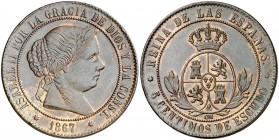 1867. Isabel II. Sevilla. OM. 5 céntimos de escudo. (AC. 261). 12,28 g. Ex Colección Manuela Etcheverría. EBC-.