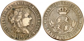 (1867-1868). Isabel II. Sevilla. OM. 5 céntimos de escudo. (AC. tipo 71). 10 g. Anverso burilado. Muy curiosa. BC+.