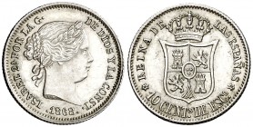 1868*68. Isabel II. Madrid. 10 céntimos de escudo. (AC. 341). 1,29 g. Bella. Ex Colección Manuela Etcheverría. Escasa. EBC/EBC+.