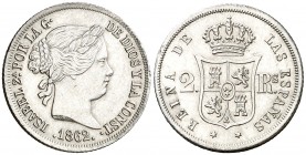 1862. Isabel II. Madrid. 2 reales. (AC. 377). 2,61 g. Golpecitos. Ex Colección Manuela Etcheverría. (EBC).