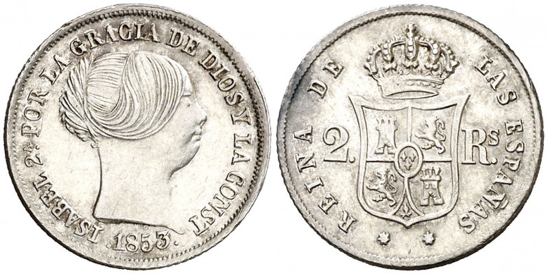 1853. Isabel II. Sevilla. 2 reales. (AC. 391). 2,56 g. Leves golpecitos. Ex Cole...