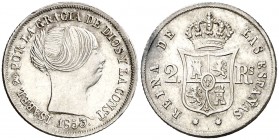 1853. Isabel II. Sevilla. 2 reales. (AC. 391). 2,56 g. Leves golpecitos. Ex Colección Manuela Etcheverría. EBC/EBC-.
