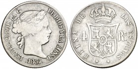 1857. Isabel II. Sevilla. 4 reales. (AC. 490). 4,94 g. Rara. BC/BC+.