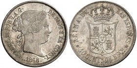 1868*18-68. Isabel II. Madrid. 40 céntimos de escudo. (AC. 503). 5,09 g. Parte de brillo original. EBC.