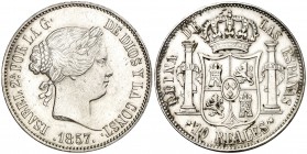 1857. Isabel II. Madrid. 10 reales. (AC. 534). 12,89 g. Limpiada. Ex Colección Manuela Etcheverría. Escasa. MBC+/EBC-.