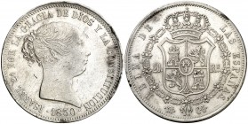 1850. Isabel II. Madrid. CL. 20 reales. (AC. 591). 25,93 g. Golpecitos. Parte de brillo original. Ex Colección Manuela Etcheverría. (MBC+).