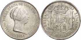 1854. Isabel II. Madrid. 20 reales. (AC. 596). 26,01 g. Leves marquitas. Brillo original. Rara así. EBC/EBC+.