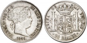 1856. Isabel II. Madrid. 20 reales. (AC. 612). 25,85 g. Golpecitos. MBC/MBC+.