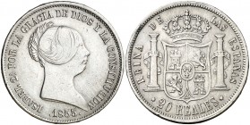 1855. Isabel II. Sevilla. 20 reales. (AC. 632). 25,79 g. Leves golpecitos. Ex Colección Manuela Etcheverría. Escasa. MBC/MBC+.