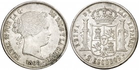 1868*1868. Isabel II. Madrid. 2 escudos. (AC. 648). 25,78 g. Leves rayitas. MBC/MBC+.