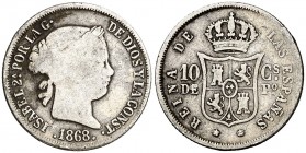 1868/7. Isabel II. Manila. 10 centavos. (AC. 655.1). 2,47 g. Rara sobrefecha, que falta en Basso. BC.