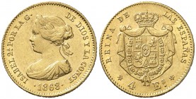 1868/7*68. Isabel II. Madrid. 4 escudos. (AC. 692). 3,36 g. Rara sobrefecha. MBC+.