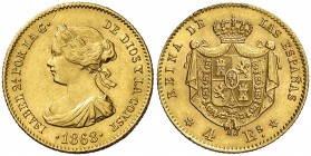 1868*68. Isabel II. Madrid. 4 escudos. (AC. 693). 3,36 g. Leves golpecitos. Ex Áureo & Calicó 17/03/2011, nº 1514. Ex Colección Manuela Etcheverría. E...