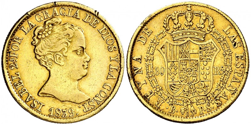 1839. Isabel II. Barcelona. PS. 80 reales. (AC. 704). 6,70 g. Limaduras en canto...