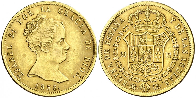 1836. Isabel II. Madrid. CR. 80 reales. (AC. 721). 6,76 g. Leves golpecitos. Bon...