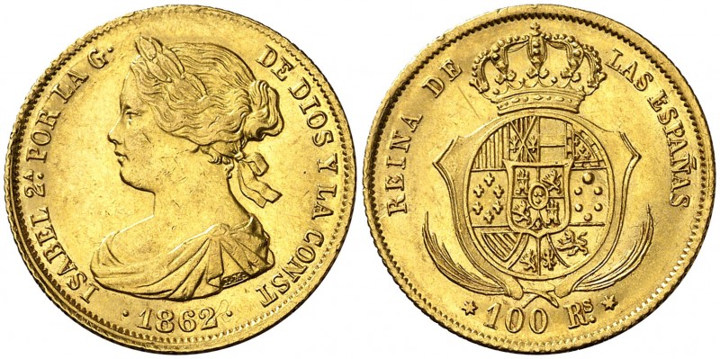 1862. Isabel II. Madrid. 100 reales. (AC. 789). 8,34 g. Leves marquitas. Parte d...