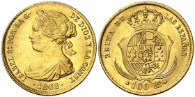 1862. Isabel II. Madrid. 100 reales. (AC. 789). 8,34 g. Leves marquitas. Parte de brillo original. Ex Colección Manuela Etcheverría. EBC.