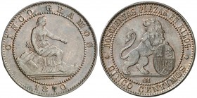 1870. Gobierno Provisional. Barcelona. OM. 5 céntimos. (AC. 5). 5,11 g. Atractiva. EBC-/EBC.