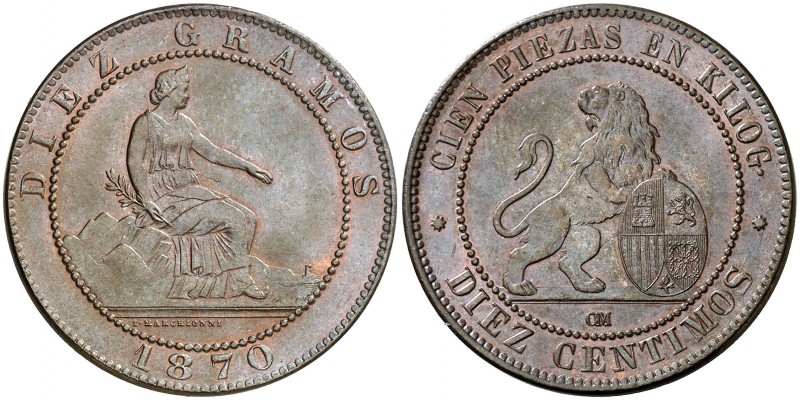 1870. Gobierno Provisional. Barcelona. OM. 10 céntimos. (AC. 8). 9,81 g. S/C-.