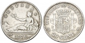 1870*70. Gobierno Provisional. SNM. 20 céntimos. (AC. 12). 0,96 g. Muy escasa. MBC-/MBC.