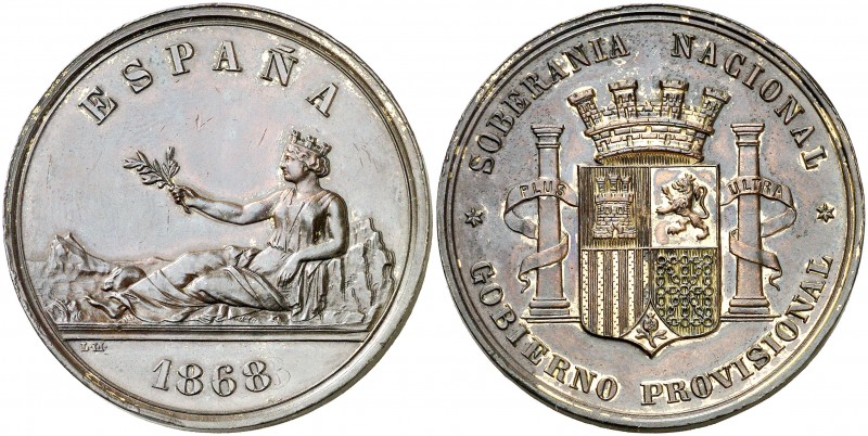 1868. Medalla en cobre que sirvió de prueba para el duro de 1869. (AC. 36). 24,6...
