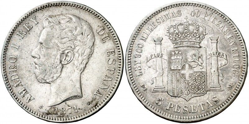 1871*1874. Amadeo I. DEM. 5 pesetas. (AC. 5). 24,88 g. Golpecitos. MBC.