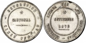1873. Revolución Cantonal. Cartagena. 5 pesetas. (AC. 11). 28,07 g. Vano en canto. No coincidente, 86 perlas en anverso y 90 perlas en reverso. MBC+.