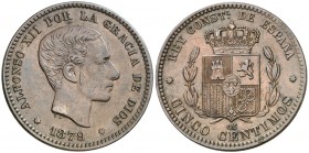 1879. Alfonso XII. Barcelona. OM. 5 céntimos. (AC. 6). 5 g. Golpecito. EBC-.