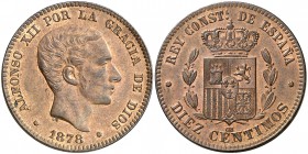 1878. Alfonso XII. Barcelona. OM. 10 céntimos. (AC. 9). 10,35 g. EBC+.
